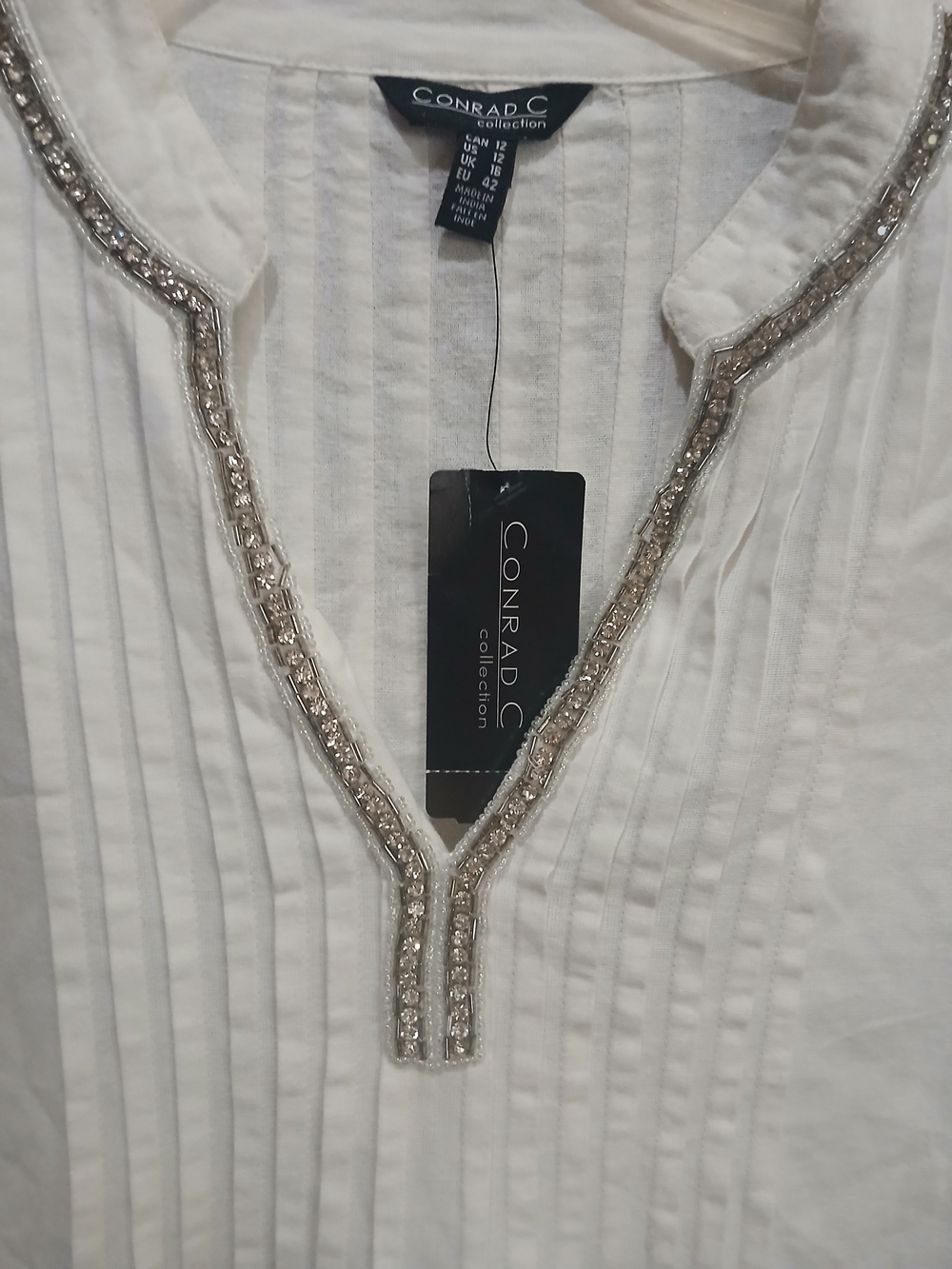 Conrad C Collection Vintage White Beaded V-Neck Tunic Size 12 NWT Linen Feel